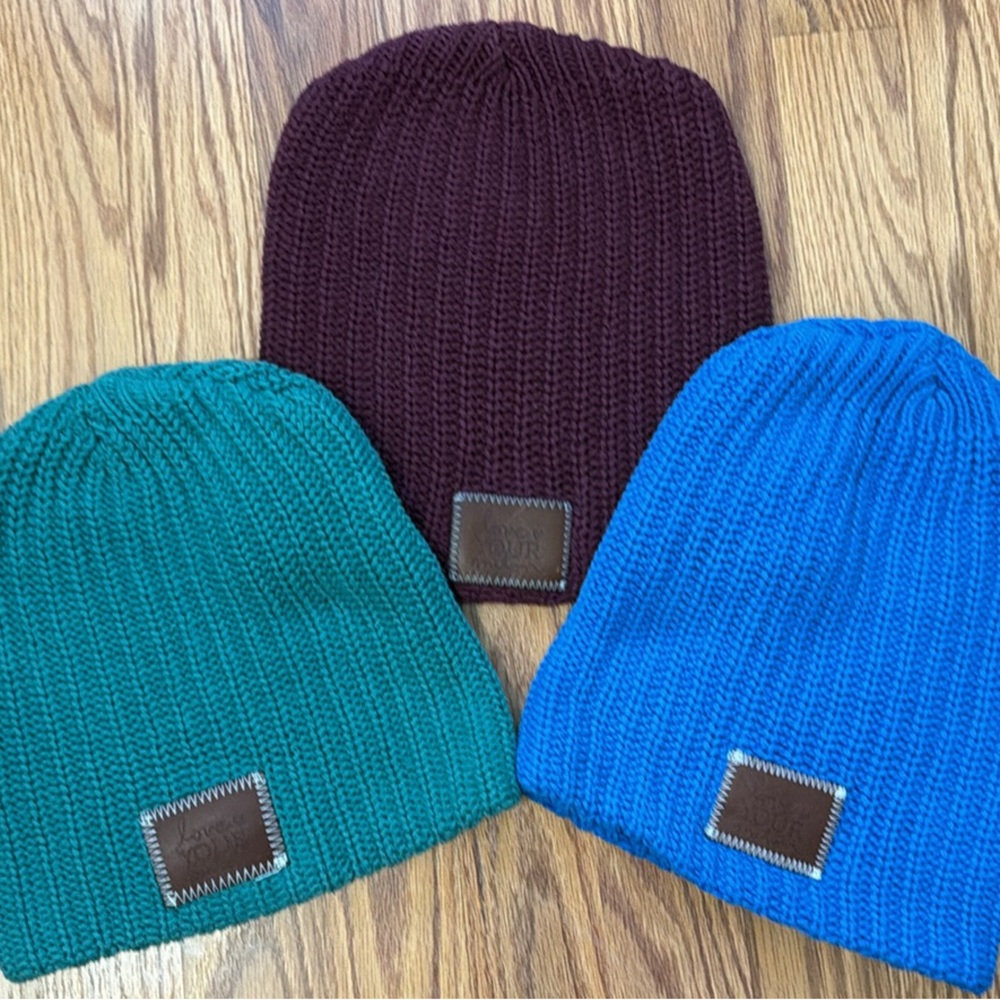 Love Your Melon Knit Beanie Trio - Burgundy, Teal, and Blue